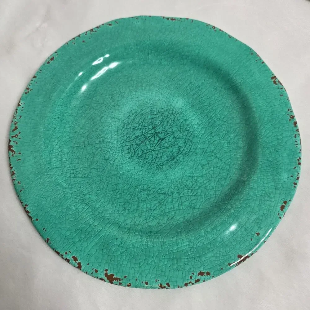 Pier 1 Carmelo Melamine Plates Set of 2 (Teal & Green) Rustic Crackle 11